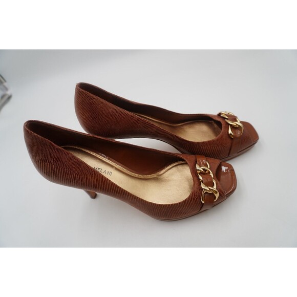 Antonio Melani Brown Embossed Leather Peep Toe Gold Chain Accent Dress Pumps 10M - Picture 3 of 11